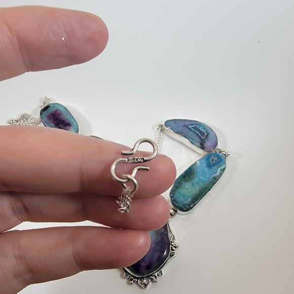 Handmade Agate Necklace in Sterling Silver Multi-Color Geode Gemstone Jewelry - Picture 5 of 9